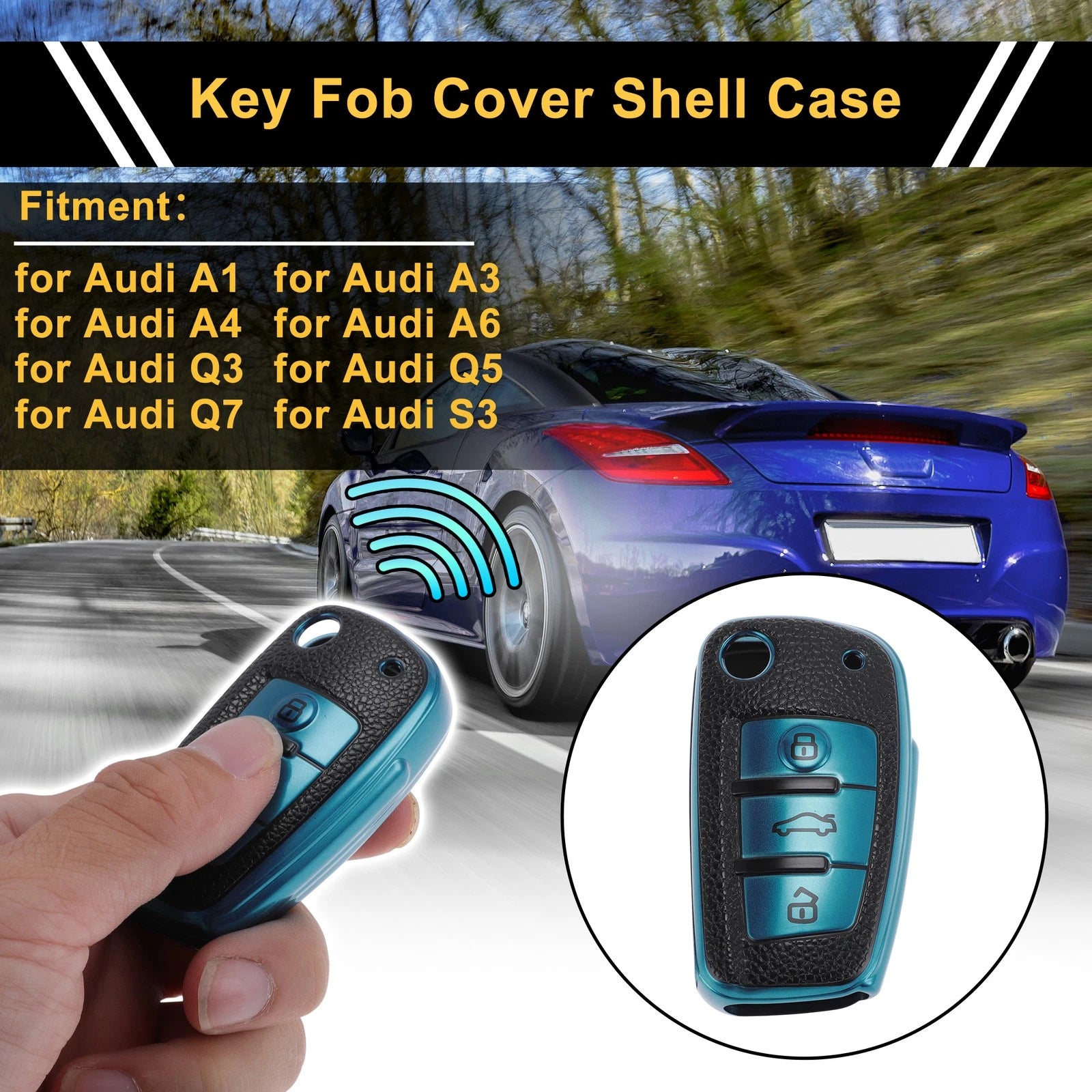 Car Key Case TPU Blue Replacement for Audi A1 A3 A4 3 Buttons (2013–2018)