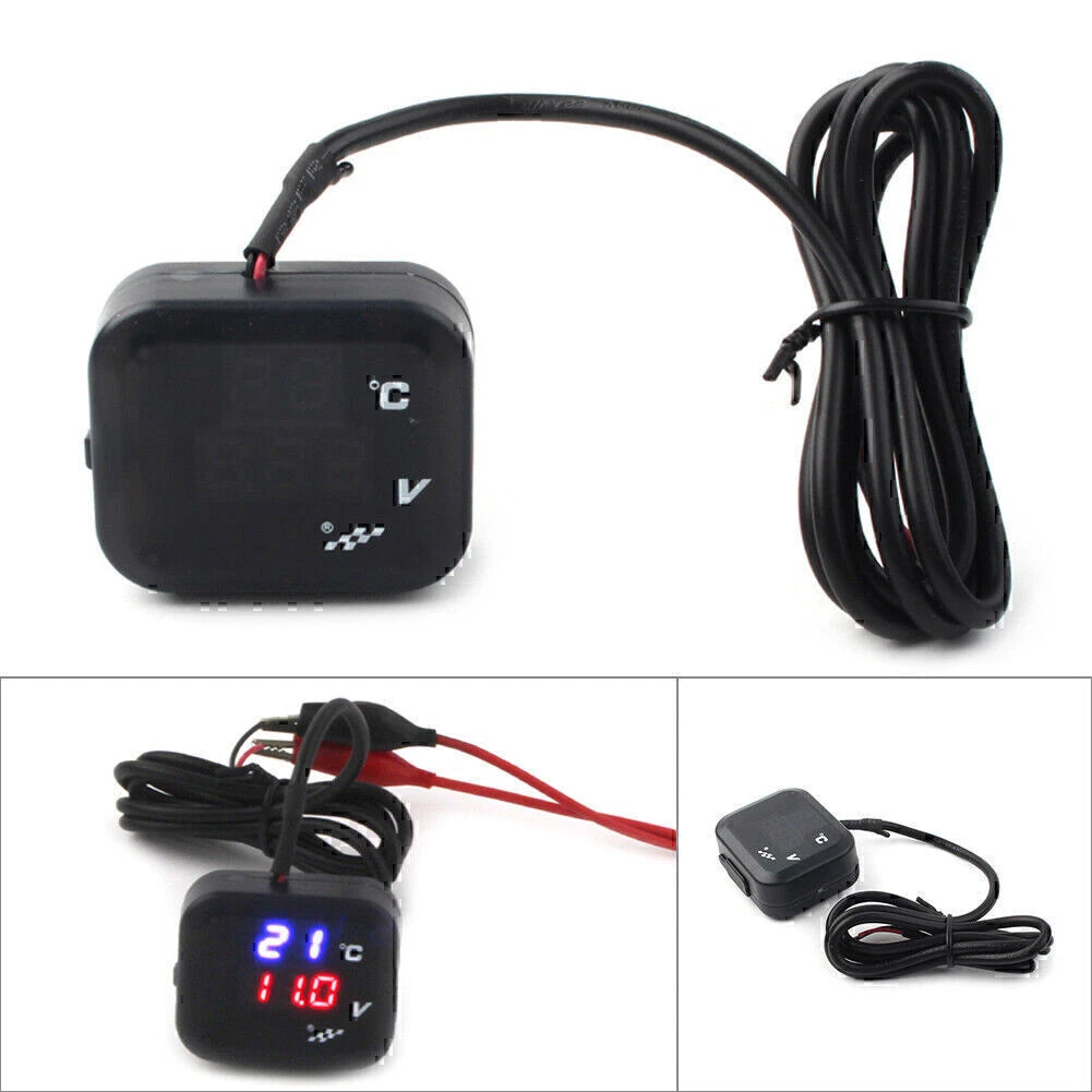 Motorcycle Air Temperature Gauge LED Voltmeter Voltage Thermometer Meter USB