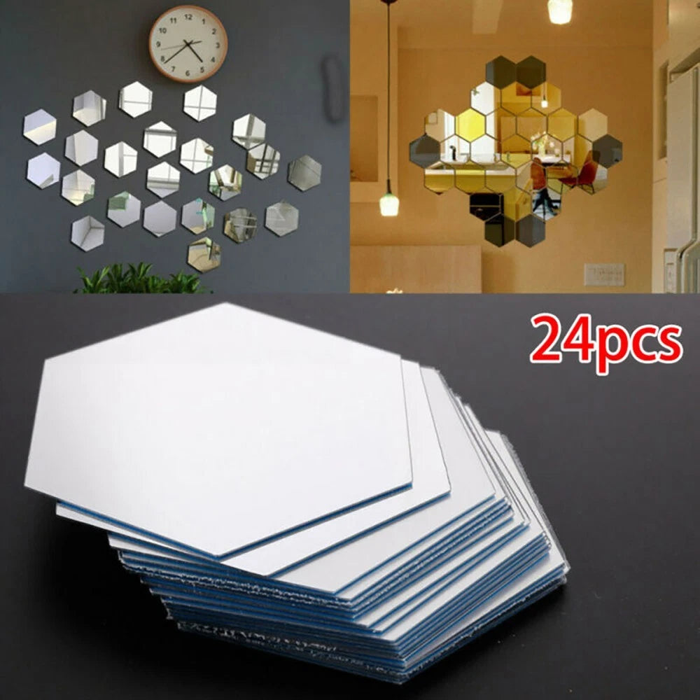 24Pcs 3D Mirror Hexagon Wall Stickers Removable Decal Room Decor Art Kit