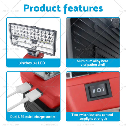 8in LED Work Light Torch for Milwaukee 18V Li-ion Battery (Compatible)