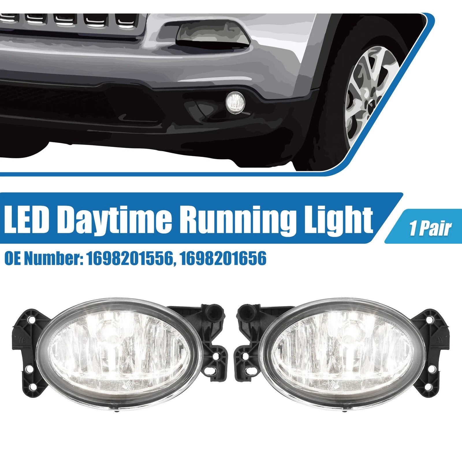 Driving Fog Lights 1 Pair Replacement for Mercedes Aluminum Plastic White (2013–2017)