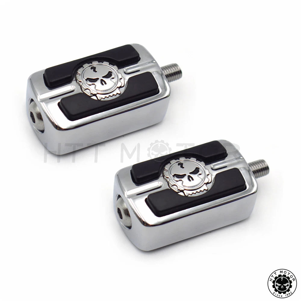 2 Chrome Skull Rubber Rails Heal Toe Shift Peg Set for Harley