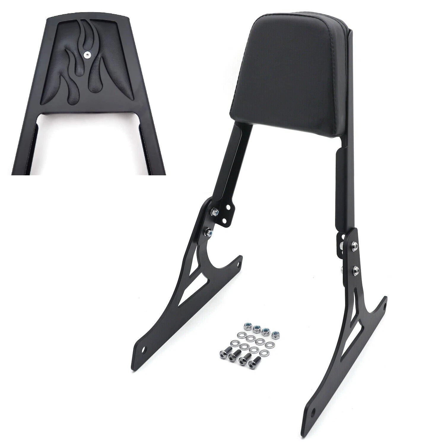 Black Flame Backrest Sissy Bar with Leather Pad for Harley Softail (2000–2017)