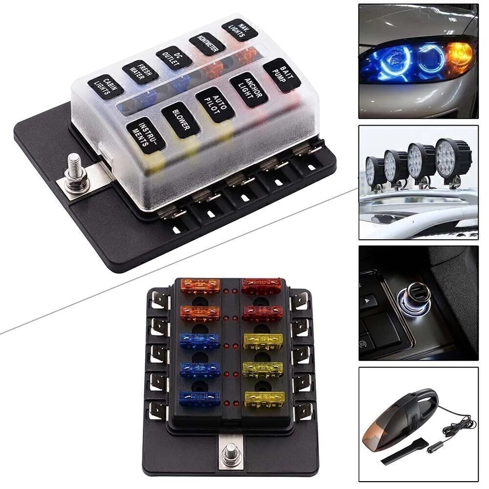 10 Way ATO ATC Blade Fuse Box Holder with Spade Terminals for Universal Use