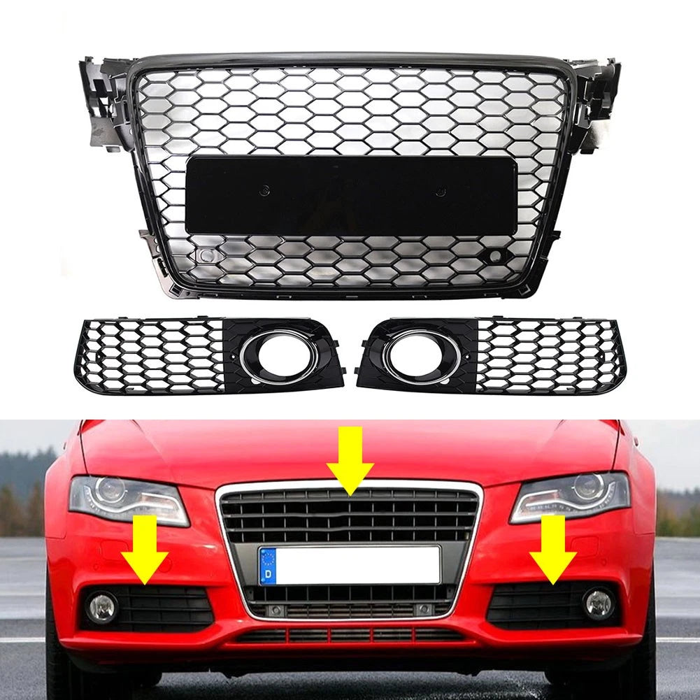 Front Grill Set with Honeycomb Fog Light Covers for Audi A4 (2009–2012)