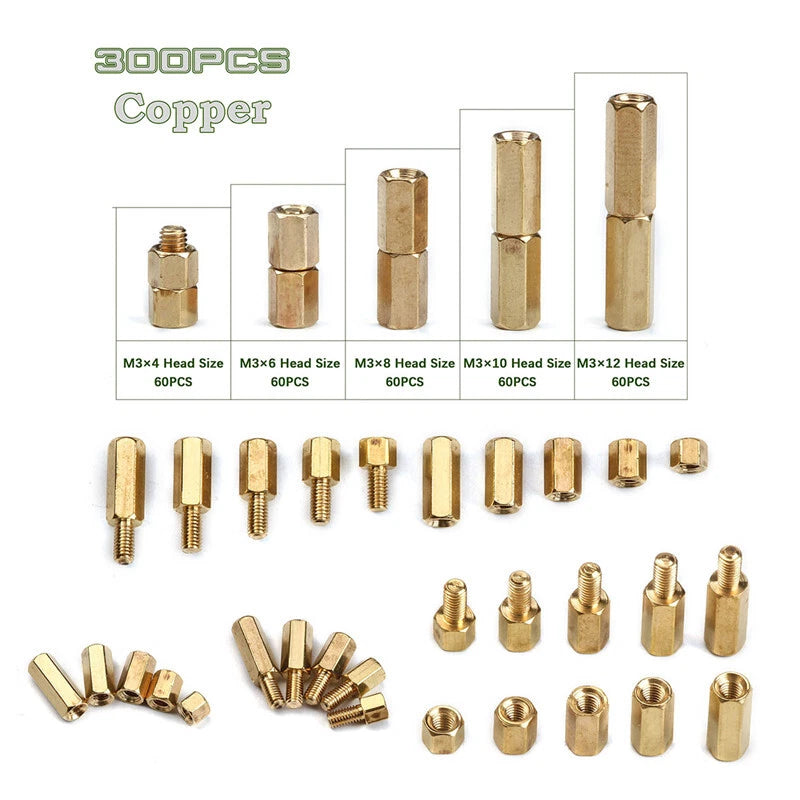 300pcs M3 Hex Tapped Copper Brass Stand Off Screw Spacer Pillar