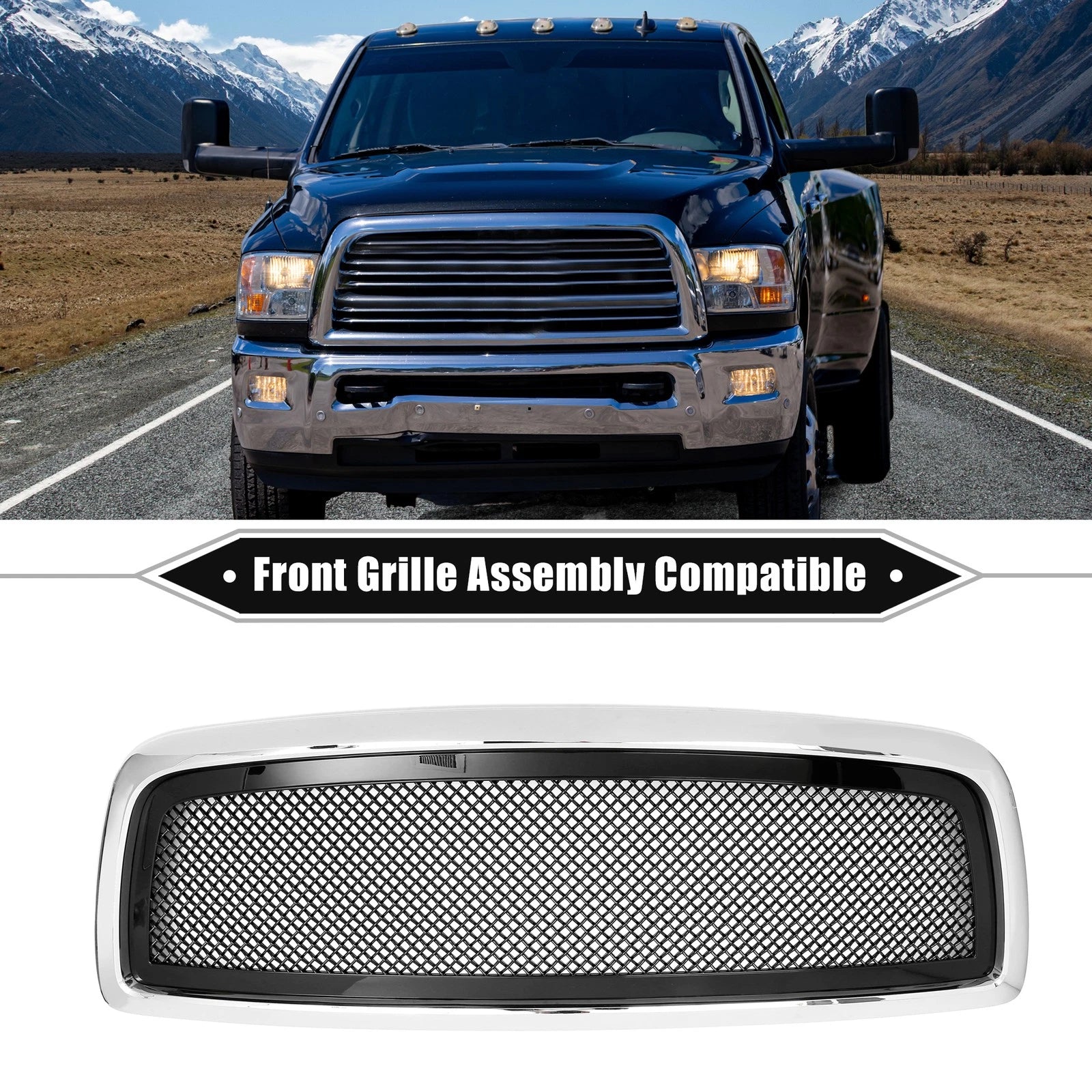 Front Grille Assembly Replacement for Dodge Ram 1500 Chrome Gloss Black (2013–2018)