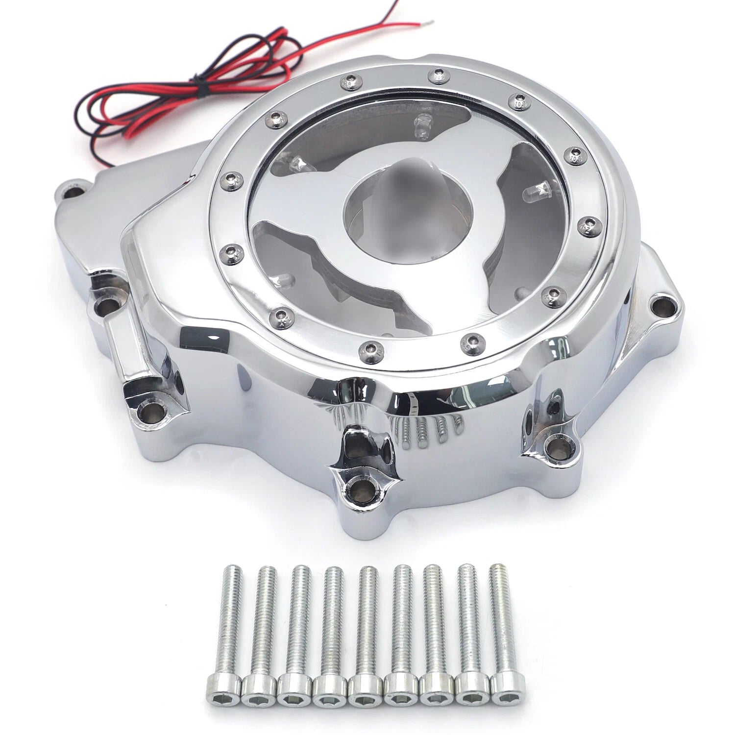 Chrome Left Engine Stator Cover w/ Green LED for Yamaha YZF-R (2006–2014)