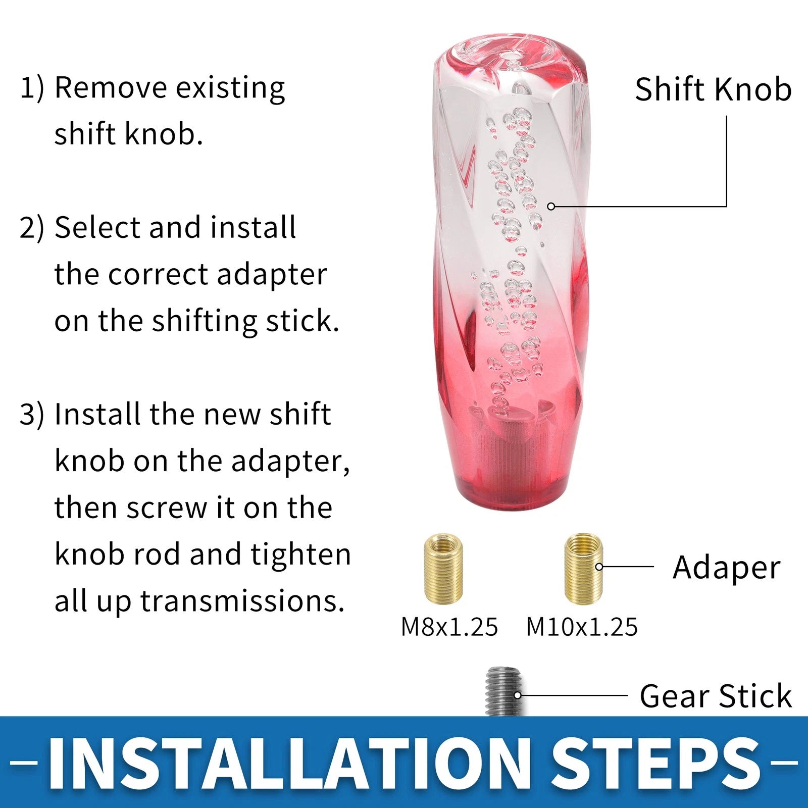 Shift Knob with 2 Adapters for Universal Vehicles (15cm, Acrylic Red Transparent)