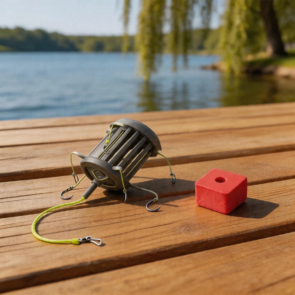 Bait Cage String Feeder with 8 Carbon Steel Hooks for Carp