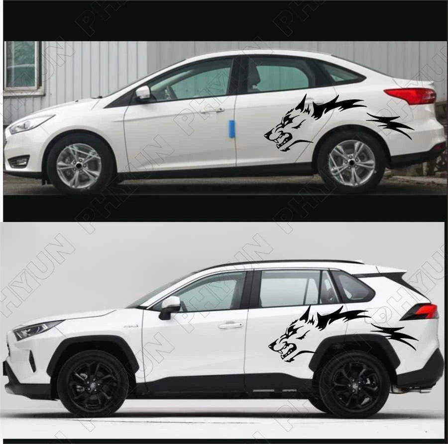 2X Black Car Body Side Door Stickers Running Wolf Totem Vinyl Decals Universal