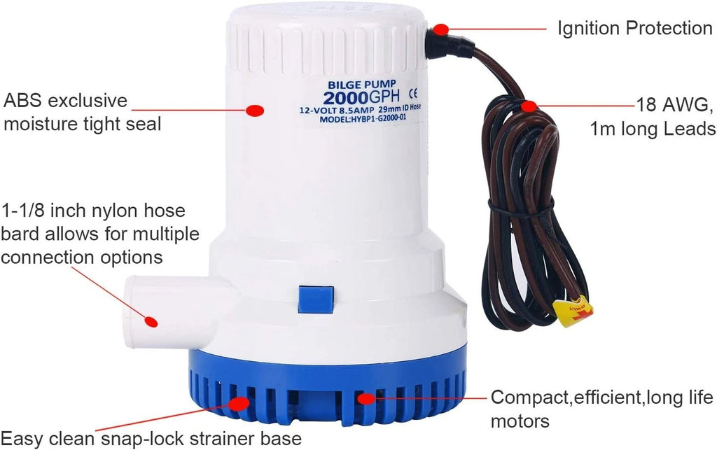 2000GPH 12V Electric Marine Bilge Pump for Boat (Fits 1/8" Hose)