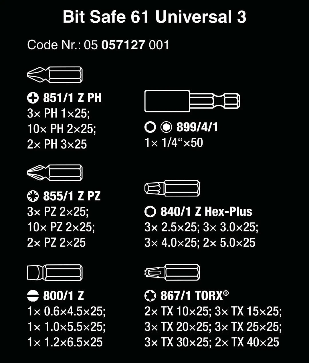 61-Piece Bit Set for Wera Assorted Bit-Safe