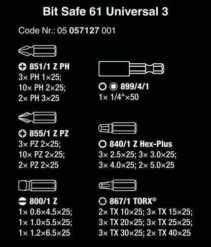 61-Piece Bit Set for Wera Assorted Bit-Safe