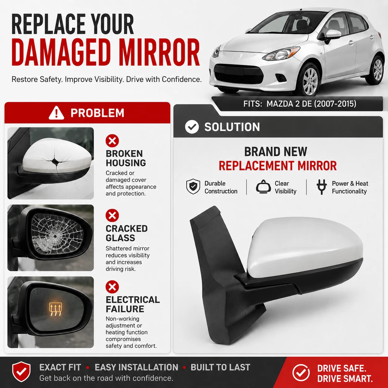 Left Side Wing Door Mirror Assembly Heated for Mazda 2 (2010–2015)