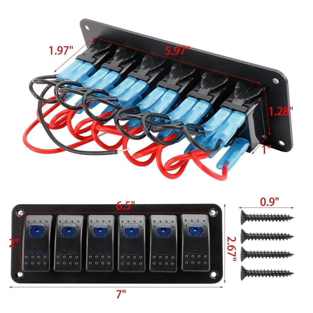 6 Gang Rocker Switch Panel for Universal Vehicles (12-24V) - Blue LED, IP65