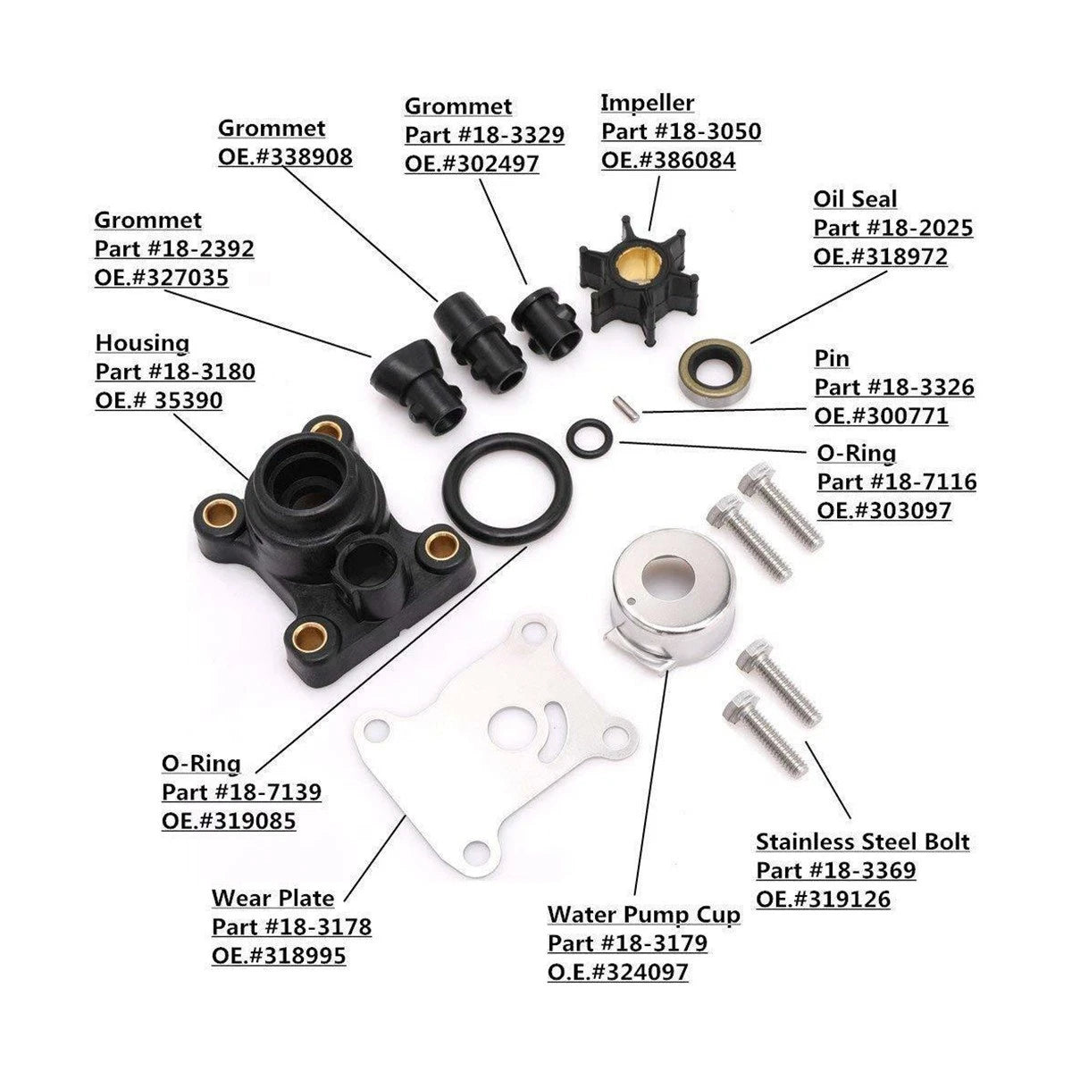 Water Pump Impeller Kit 18-3327 for Johnson Evinrude 8-15HP (1974-UP)