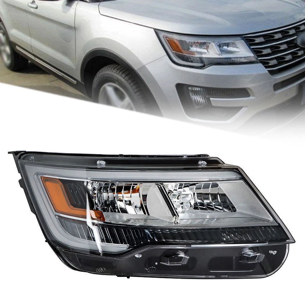 Halogen Headlight for Ford Explorer (2016–2019) Passenger Side w/ LED DRL Chrome
