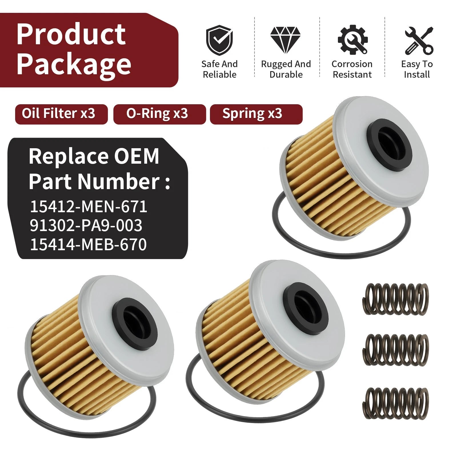 3PCS Oil Filter w/ O-Ring for Honda Sportrax 450 TRX450R (2004–2009)