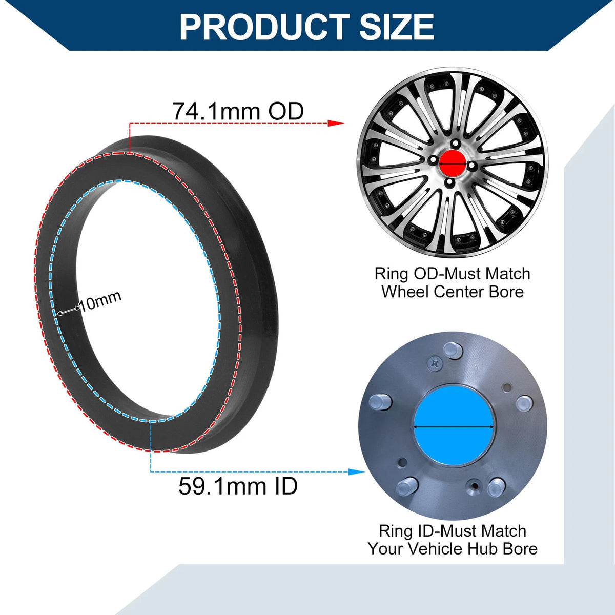Set of 2 Wheel Hub Centric Rings for Car (OD 74.1mm ID 59.1mm) Black Polycarbonate