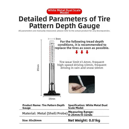Dual Scale Metal Tire Depth Gauge 025mm 032nds for Checking Tread Depth