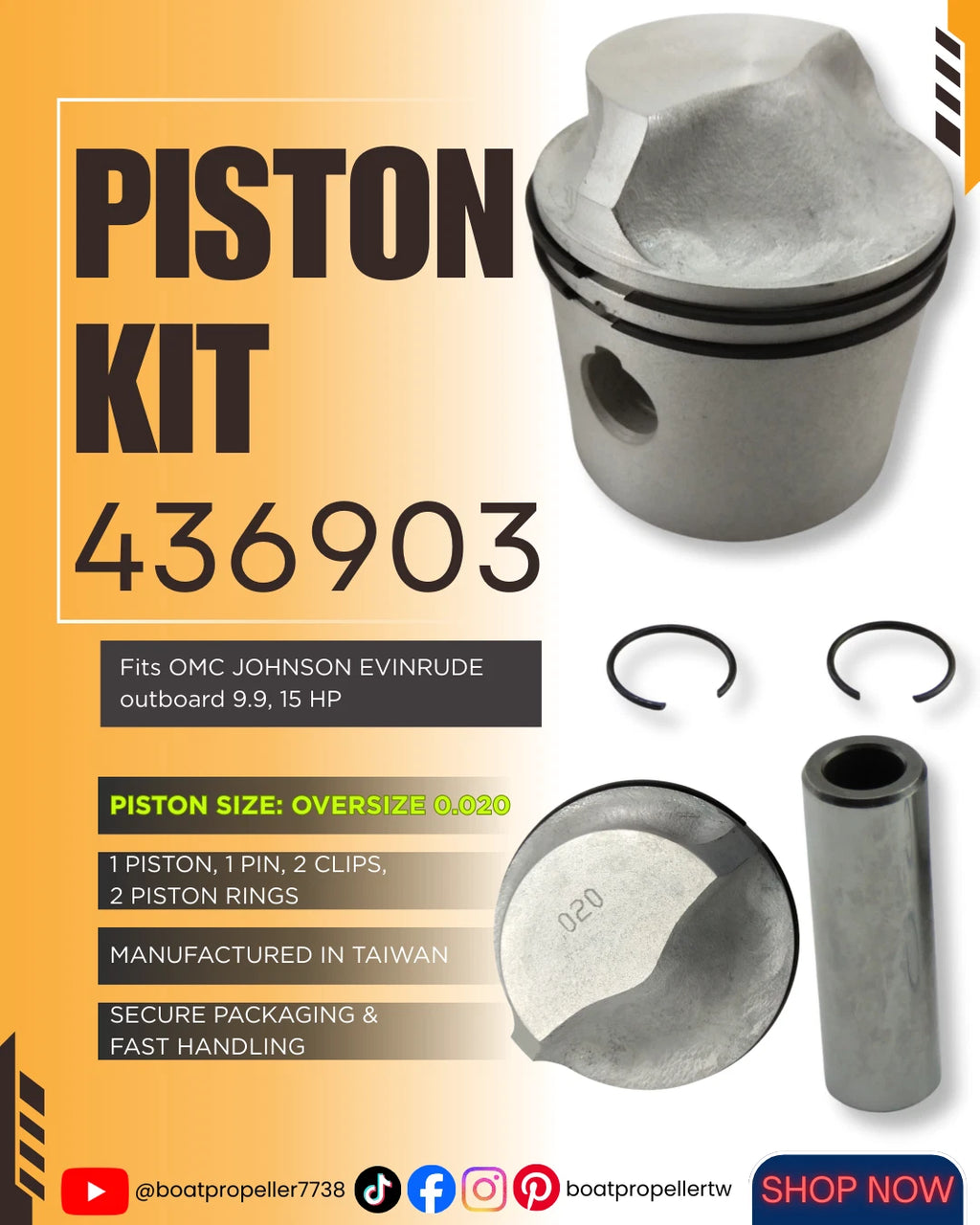 Piston Kit 0.020 + Piston Ring for OMC Johnson Evinrude 9.9, 15HP