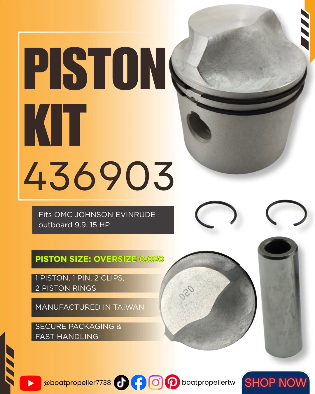Piston Kit 0.020 + Piston Ring for OMC Johnson Evinrude 9.9, 15HP