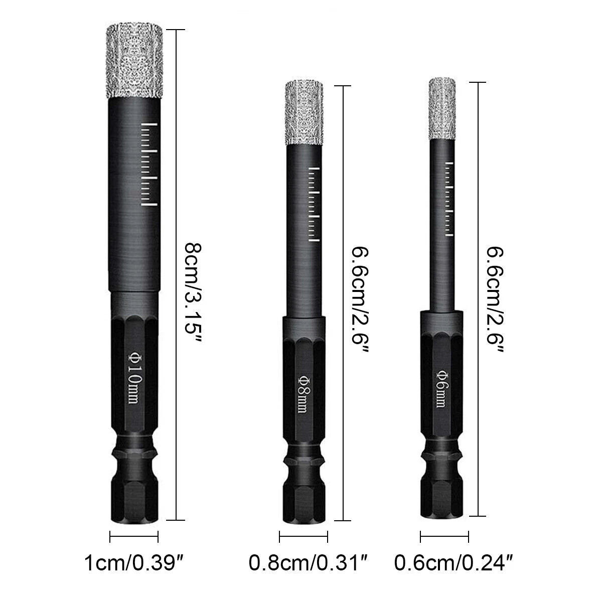 Set of 3 Diamond Tipped Dry Drill Bits for Porcelain Tile Ceramic Marble (6mm, 8mm, 10mm)