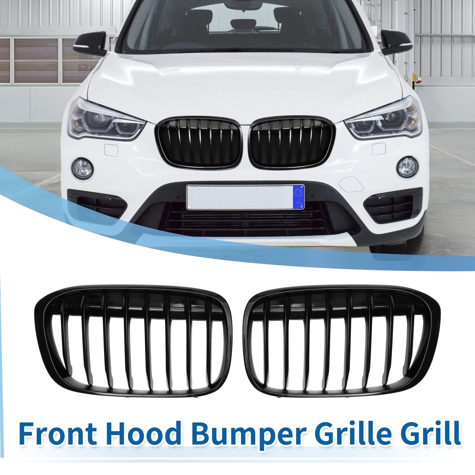 Front Upper Bumper Grille Grill Pair for BMW X1 F48 (2016–2022) Gloss Black