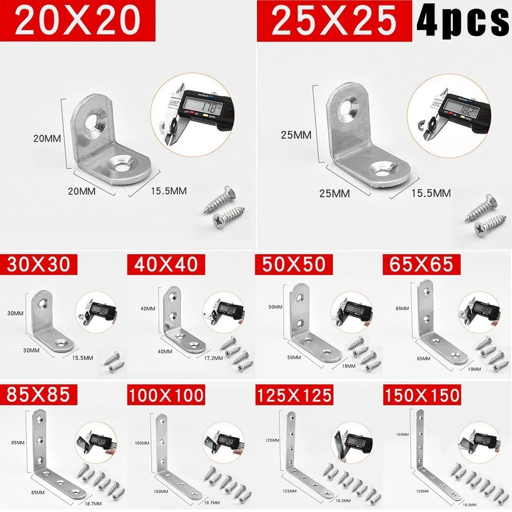 Set of 4 Stainless Steel L Shape Corner Brace Brackets