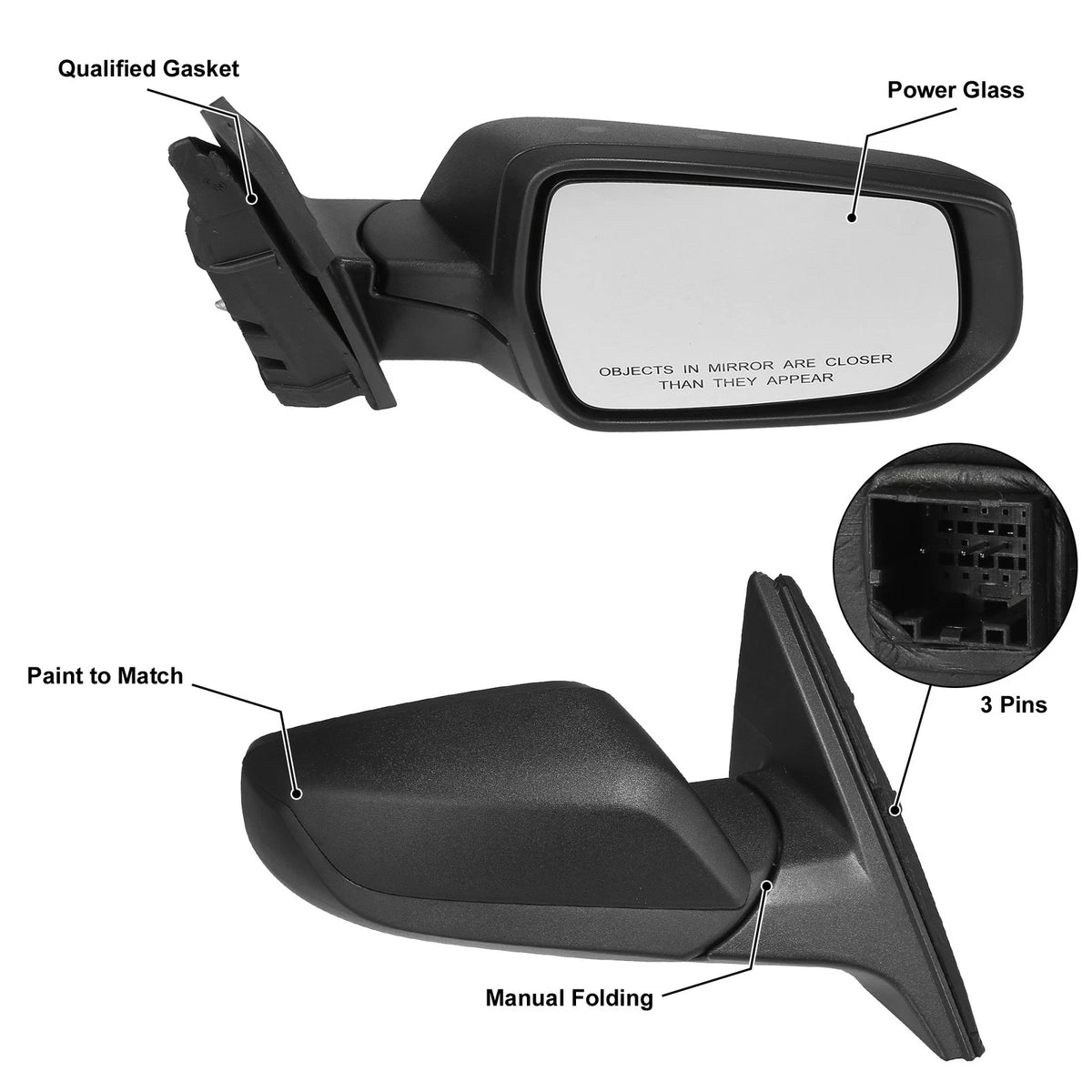 Exterior Door Mirror Assembly Right Side 3 Pin Black for Chevrolet Malibu (2016–2022)