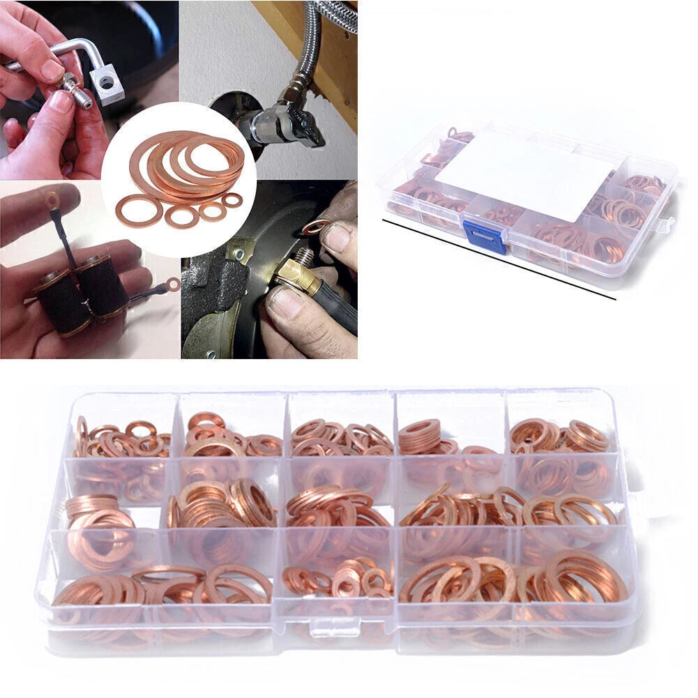 280pcs Solid Copper Crush Washers Assorted Seal Flat Ring Hardware Kit