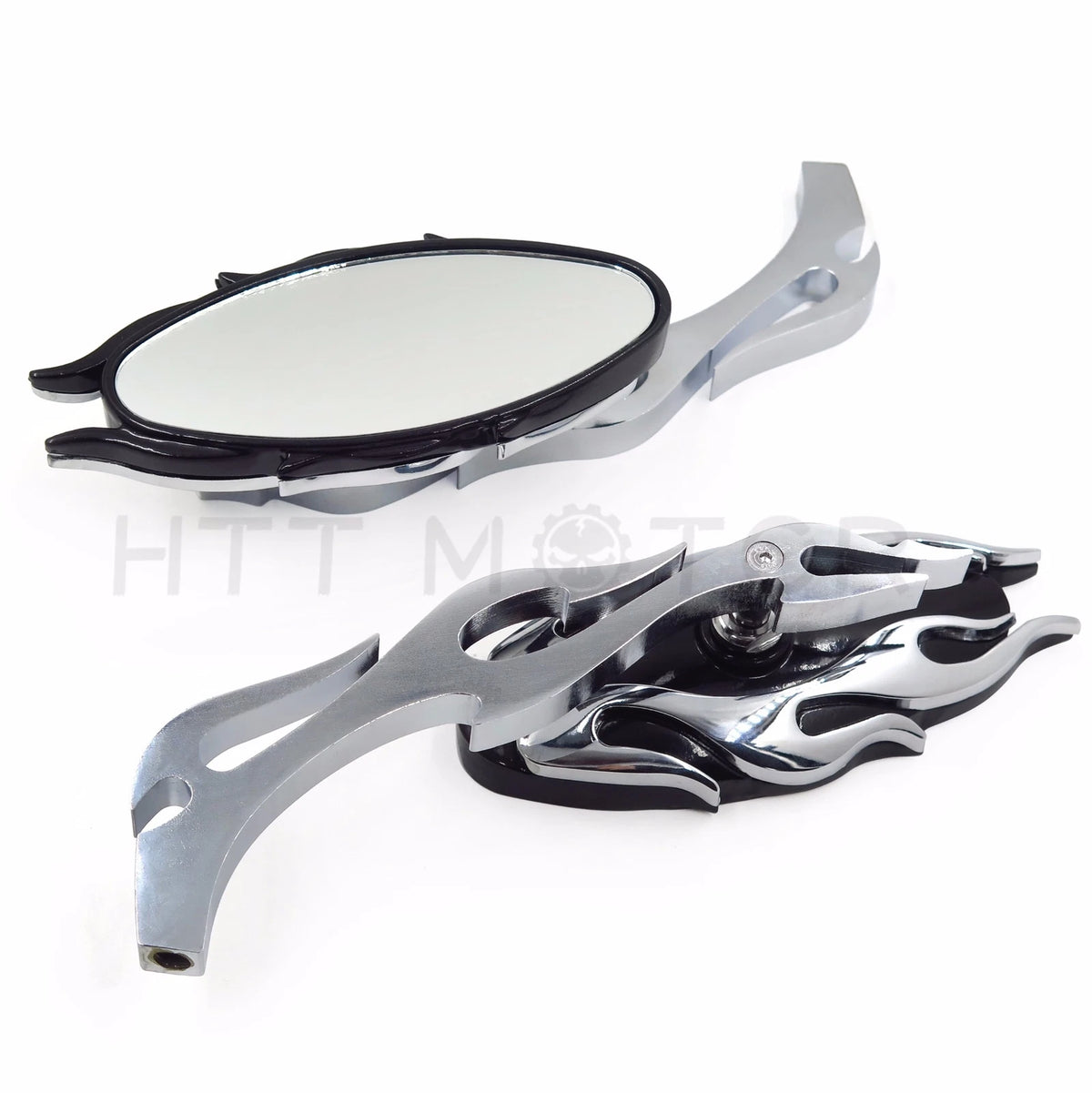 Chrome CNC Flame Rearview Side Mirror for Motorcycle Cruiser Chopper (8mm, 10mm)