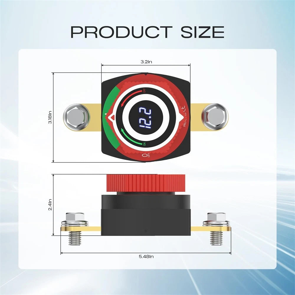 Side Post Battery Disconnect Switch for Universal Vehicles (12V) with LED Voltmeter