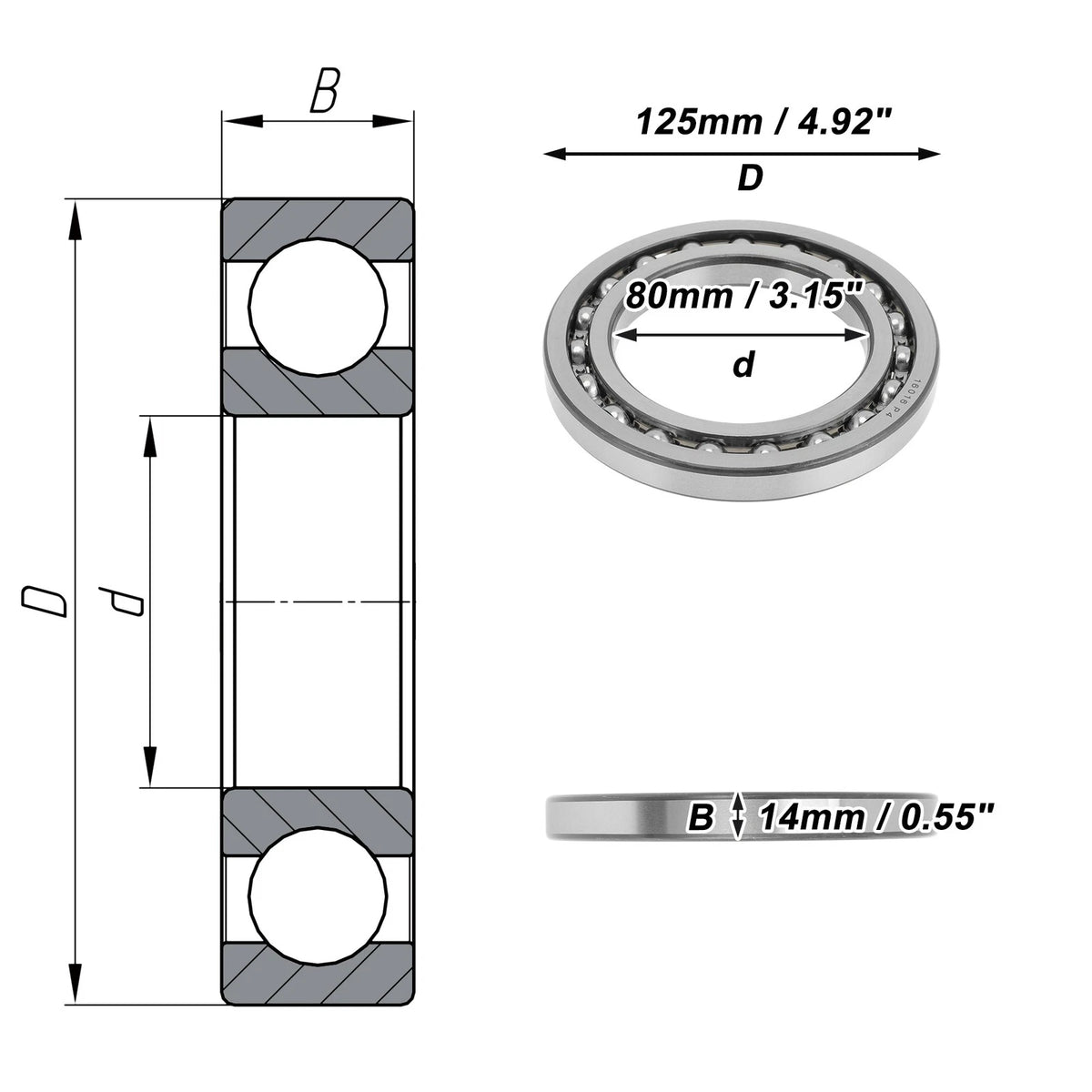 Deep Groove Ball Bearing 80x125x14mm for Scooter Skateboard (1Pc)