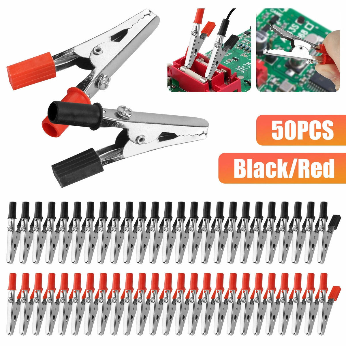50Pcs Electrical Test Clamps Alligator Clips Red & Black Handles