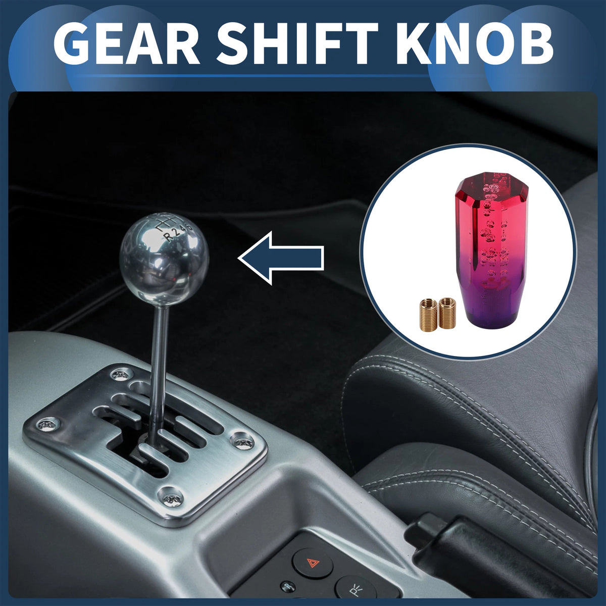 Set of 1 Gear Shift Knob with 2 Adapters for Universal Fit (10cm)