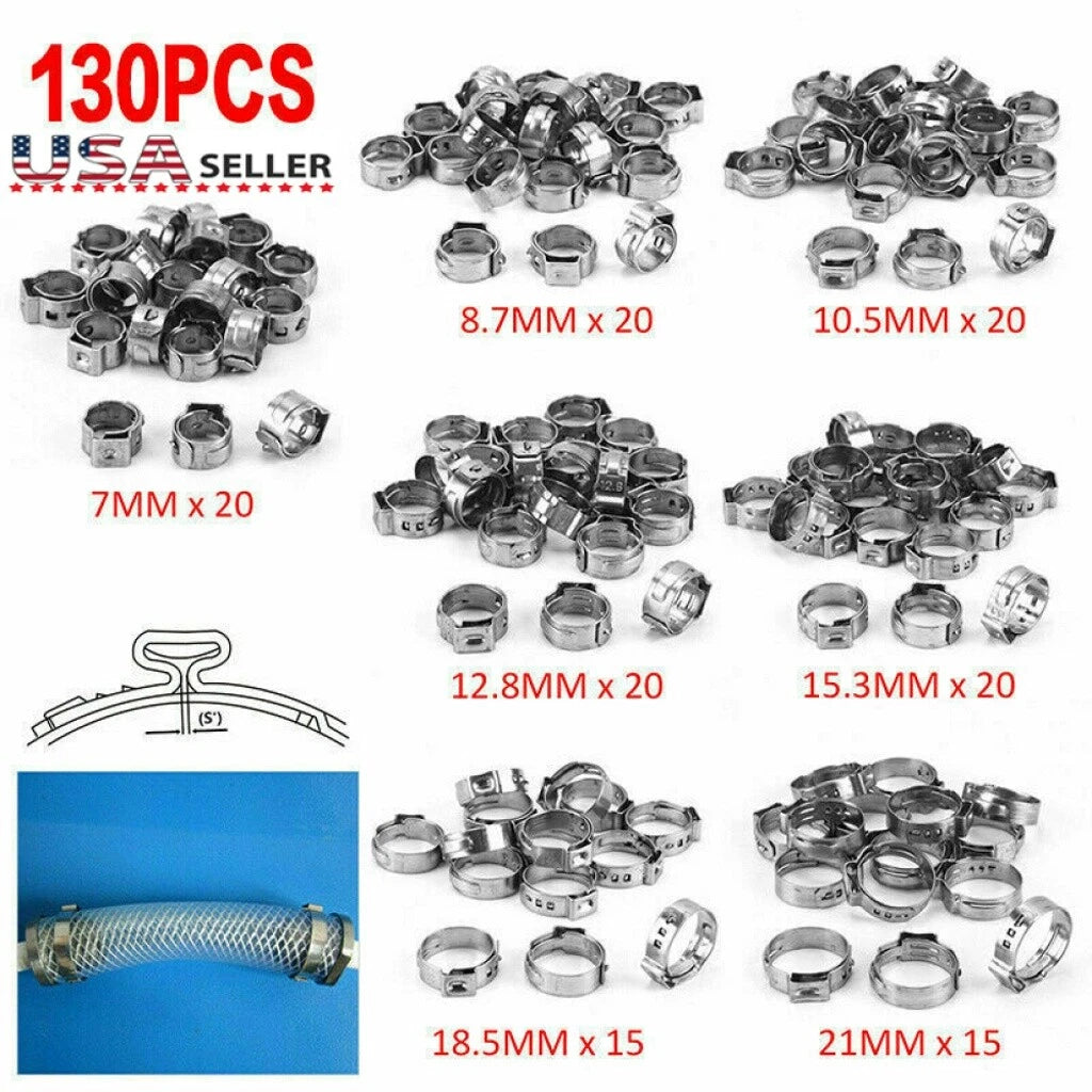 130PCS Stainless Steel Stepless Hose Clamps Assortment Rings