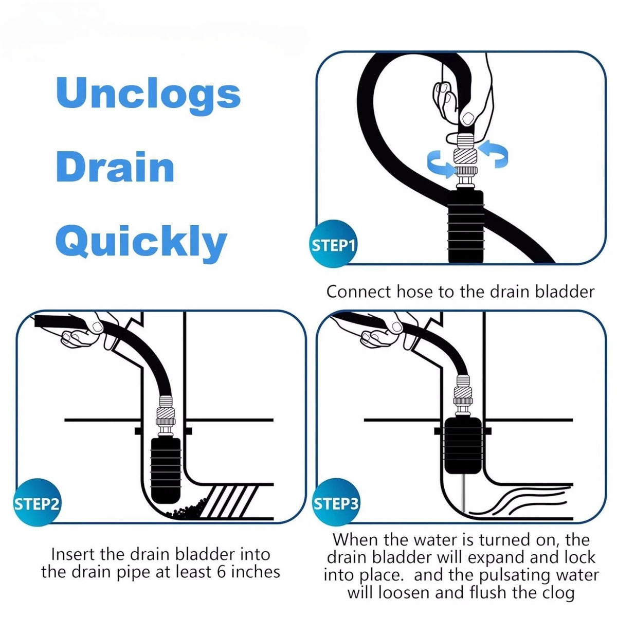 3 Pcs Rubber Drain Cleaning Bladders for Universal Use (1-6 Inches)
