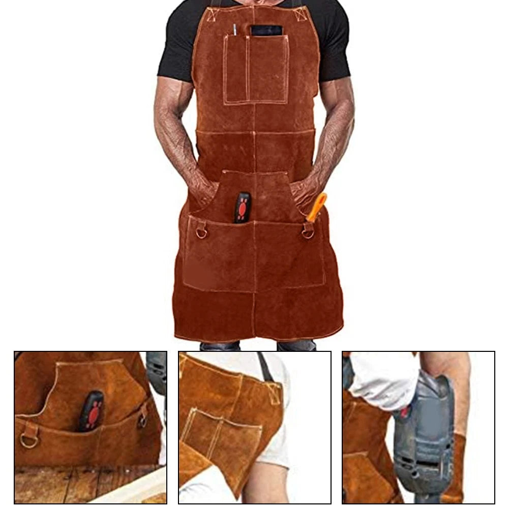 Heavy Duty Leather Welding Apron for Maximum Durability (6 Pockets)