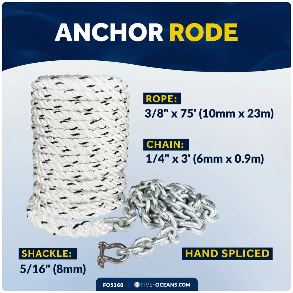 3/8" x 75' Anchor Rode Rope with 1/4" x 3' Galvanized Chain