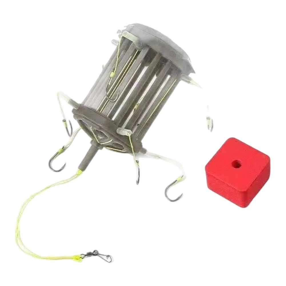 Fishing Bait Cage String Feeder with 8 Carbon Steel Hooks for Carp