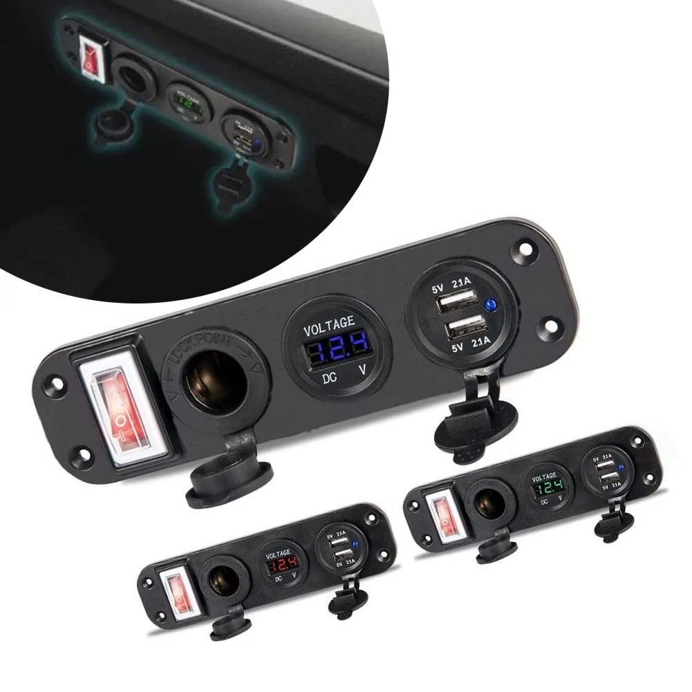 Dual USB Socket Panel with Voltmeter for Automotive Applications (12V)