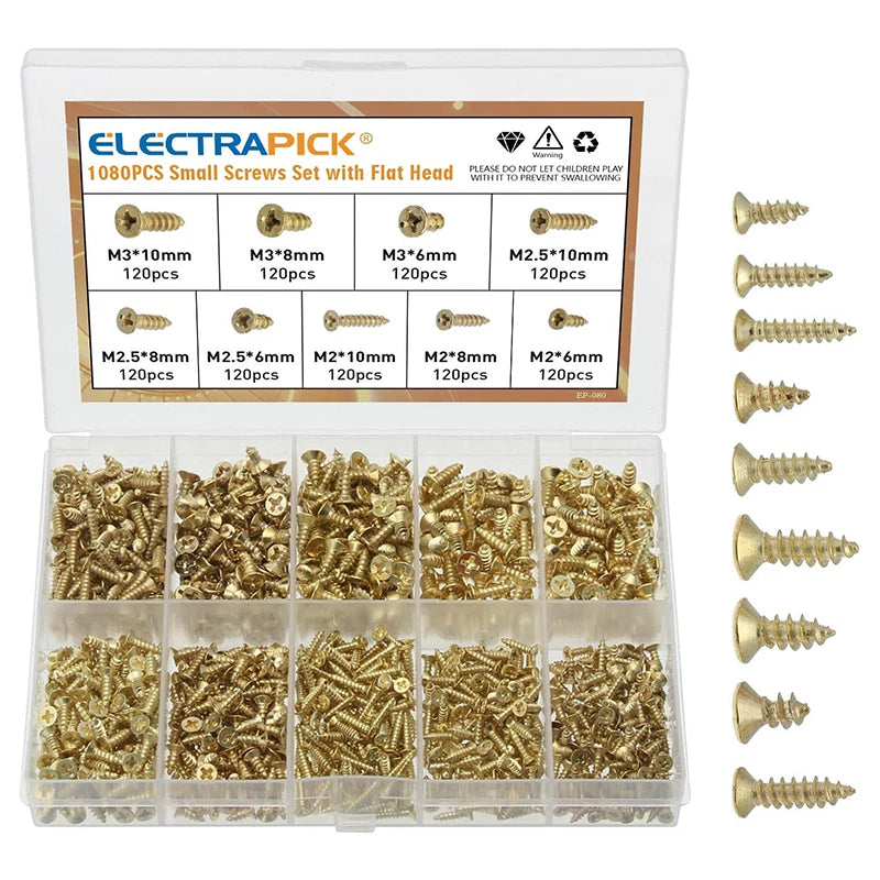 1080PCS M2 M2.5 M3 Flat Head Tapping Screws for Wood Projects