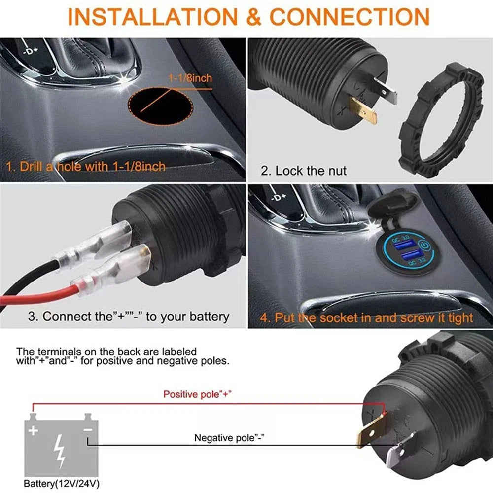 Dual QC3.0 USB Charger Cigarette Lighter Socket for Motorcycle ATV RV SUV