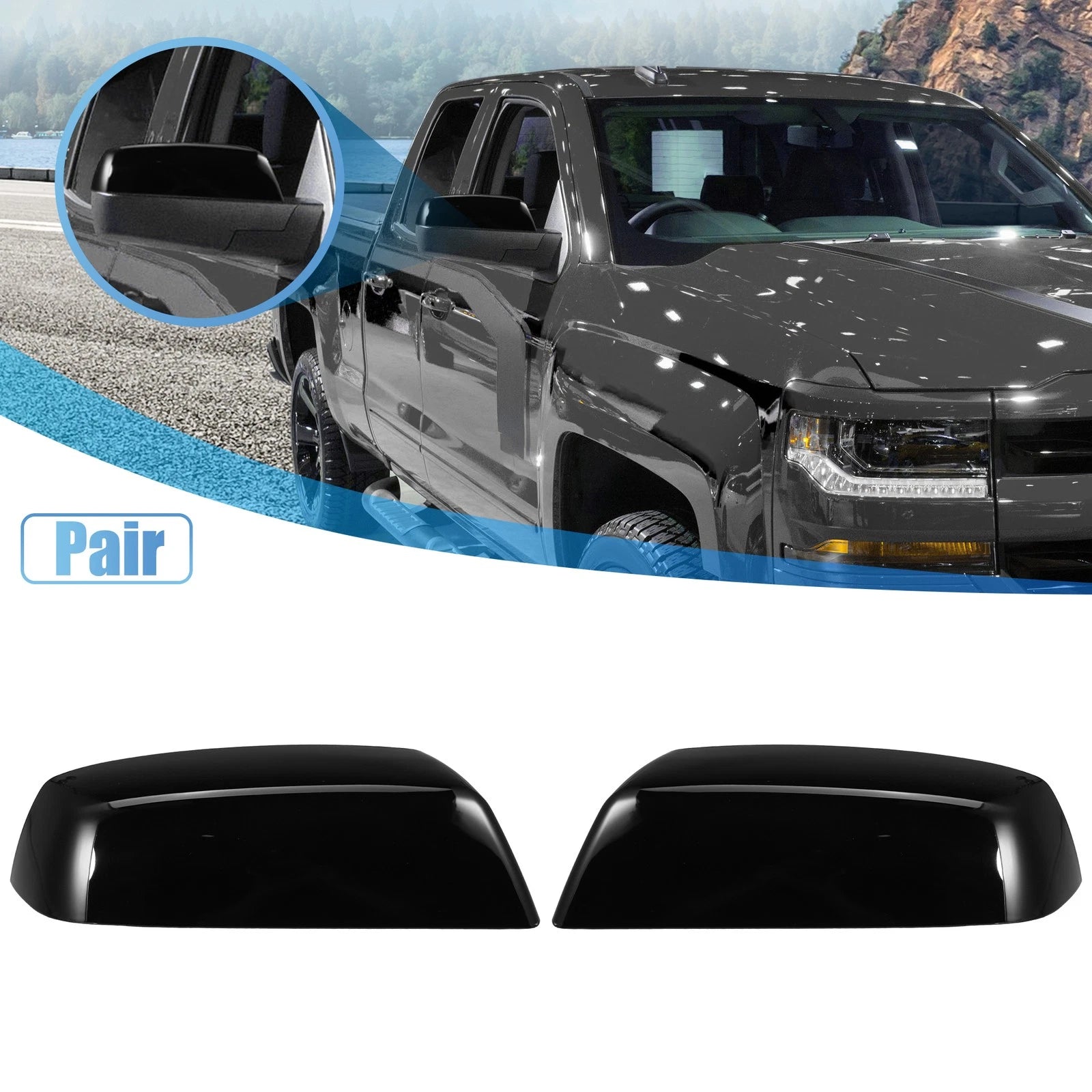 Mirror Covers Front Set for Chevrolet Silverado 1500 (2014–2018) Gloss Black