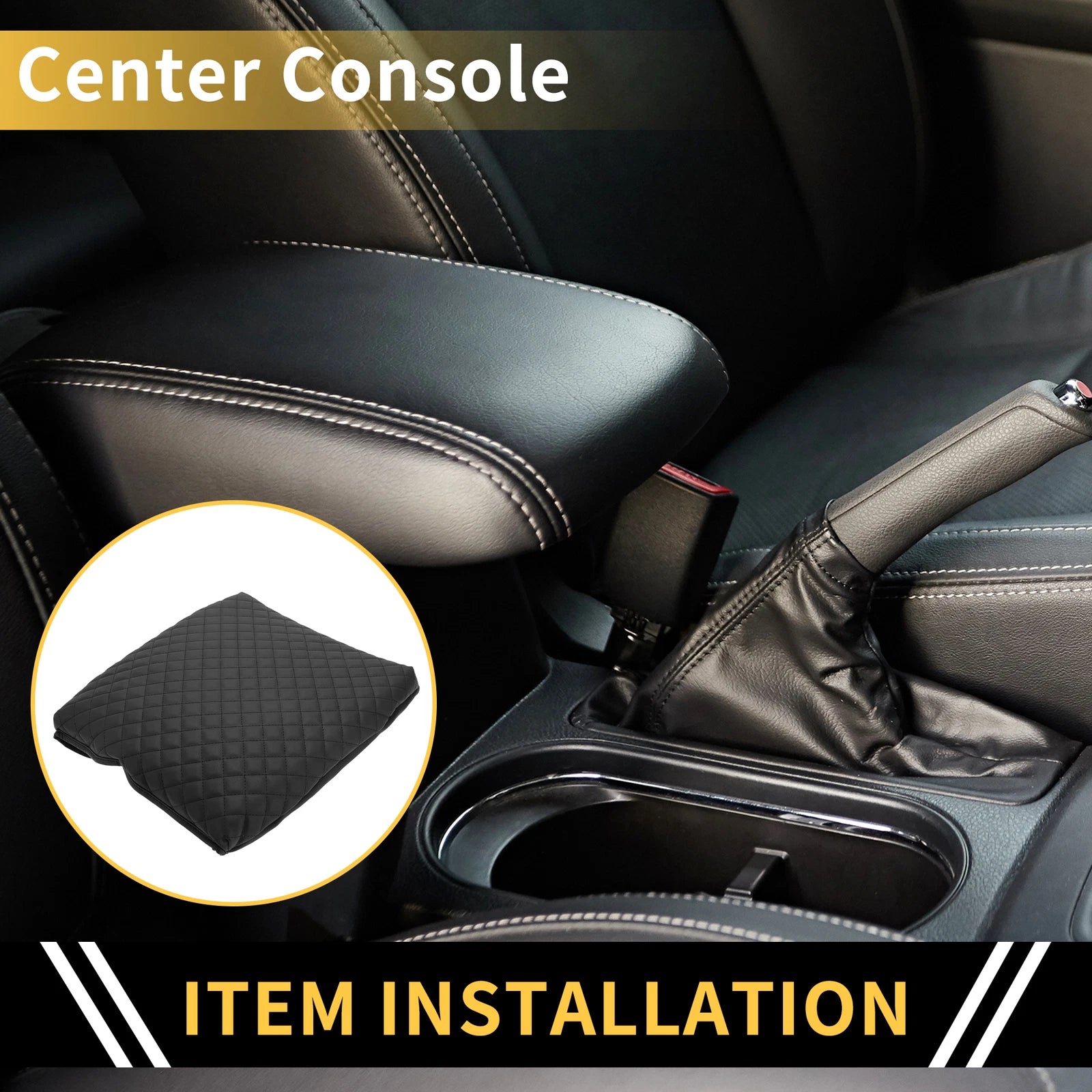 Armrest Cover for Dodge Ram (Microfiber Leather, Square Pattern, Black)