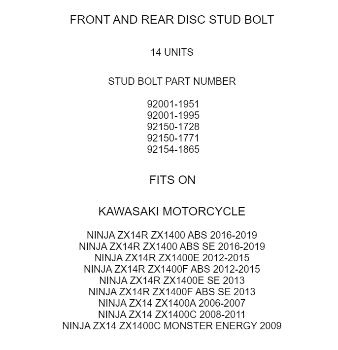 Front Rear Disc Stud Bolt Replacement for Kawasaki Ninja ZX14R (2006–2019)
