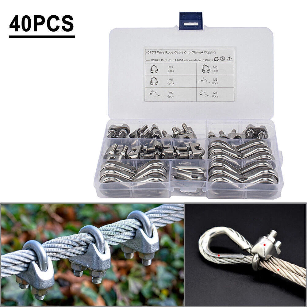 40 PCS M5 Wire Rope Fixed Clamps with Triangular Ring for