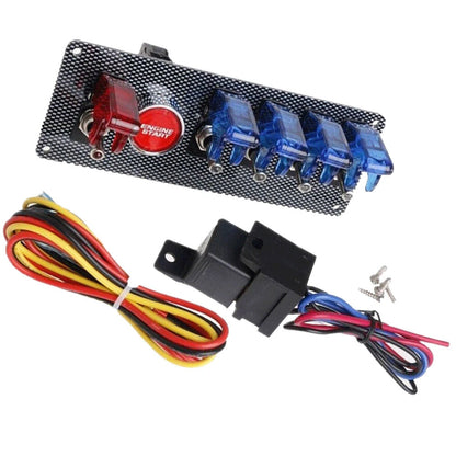 12V Racing Car Ignition Switch Panel w/ Engine Start Push Button LED 5 Toggle